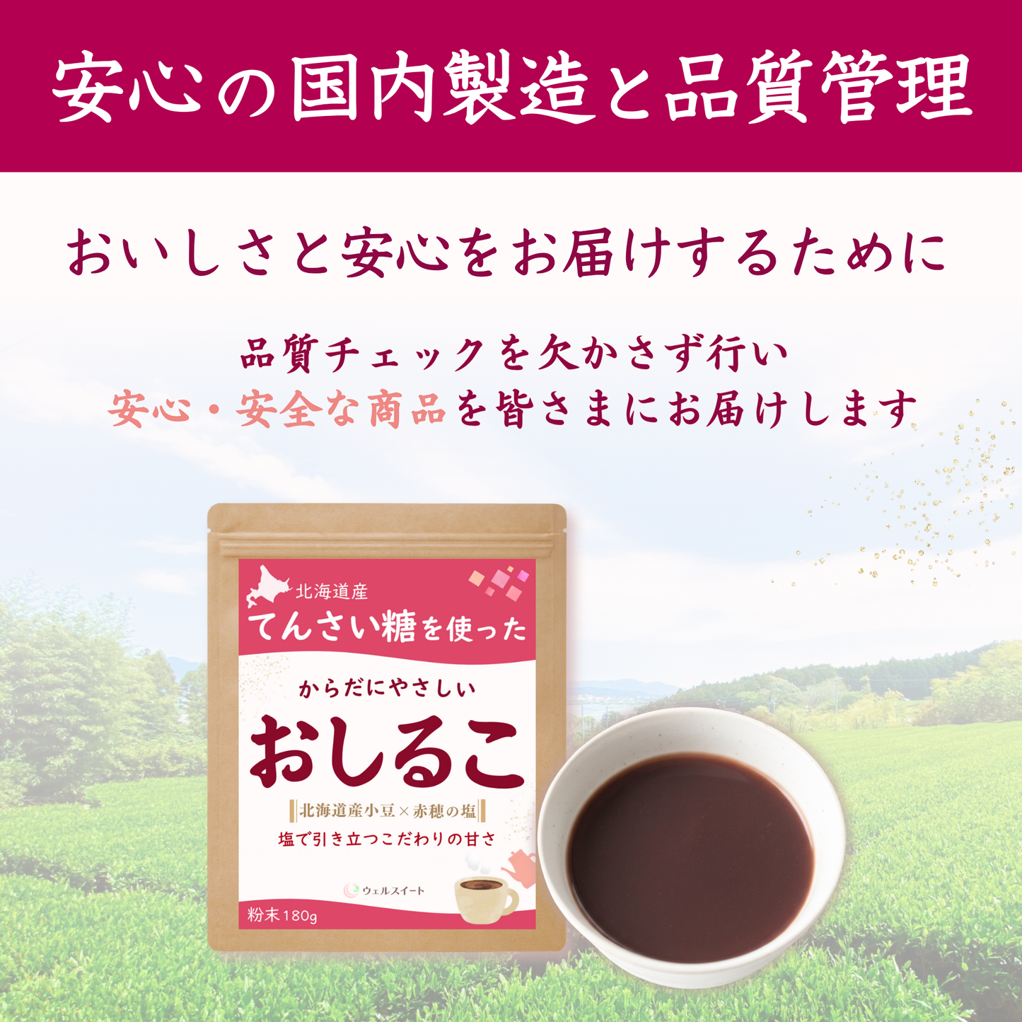ウェルスイート おしるこ 粉末 てんさい糖×北海道小豆 赤穂の塩で引き立つやさしい甘さ お汁粉 180g